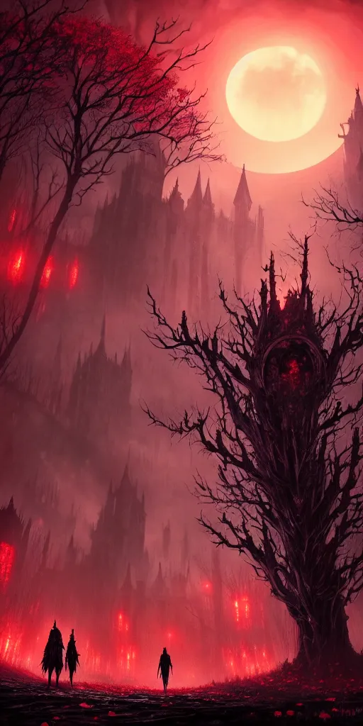 Image similar to abandoned bloodborne old valley with a obscure person at the centre and a ruined gothic city in the background, trees and stars in the background, falling red petals, epic red - orange moonlight, perfect lightning, wallpaper illustration by niko delort and kentaro miura, 4 k, ultra realistic