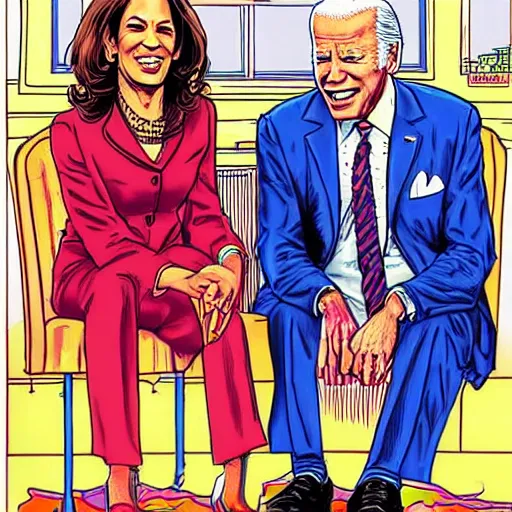 Image similar to The Artwork of R. Crumb and his Cheap Suit - Joe Biden and Kamala Harris, pencil and colored marker artwork, trailer-trash lifestyle