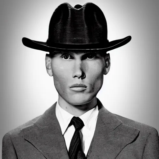 Image similar to A photograph portrait of Jerma985 wearing a suit with and fedora in the 1940s, taken in the early 1940s, grainy, taken on a 940s Kodak Camera, realistic, hyperrealistic, very realistic, highly detailed, very detailed, extremely detailed, detailed, digital art, trending on artstation