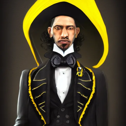 Image similar to a highly detailed portrait of a man in a high top hat covering his face, in a black tailcoat with a yellow waistcoat under the tailcoat, artstation, deviantart, professional, unreal engine 5, photorealistic