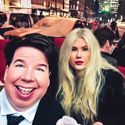 Prompt: Michael Mcintyre sitting next to a blonde woman eating ice creams & taking a selfie