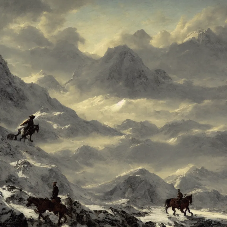 Prompt: dark figure on horseback in an icy landscape with snow covered mountains in the distance, Kristian Wåhlin,