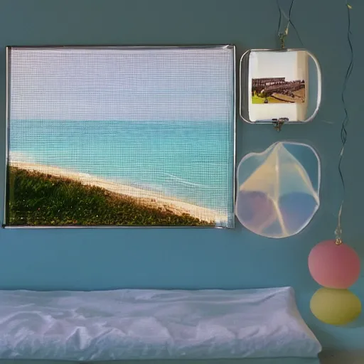 Image similar to a pastel colour high fidelity wide angle Polaroid art photo from a holiday album at a seaside with abstract inflatable parachute furniture, all objects made of transparent iridescent Perspex and metallic silver, a grid of sun beds iridescence, nostalgic