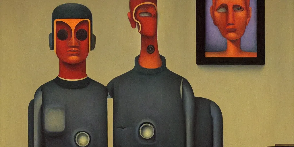 Image similar to super - intelligent robot with kind eyes portrait, grant wood, pj crook, edward hopper, oil on canvas