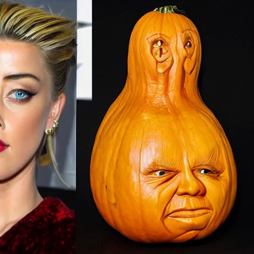 Image similar to a [ gourd ] carved shaped to look like ( amber heard face ) hybrid intercross