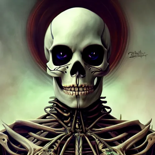 Prompt: portrait of an undead skeleton necromancer, D&D, fantasy, intricate, elegant, highly detailed, digital painting, artstation, concept art, smooth, sharp focus, illustration, art by artgerm and greg rutkowski and alphonse mucha