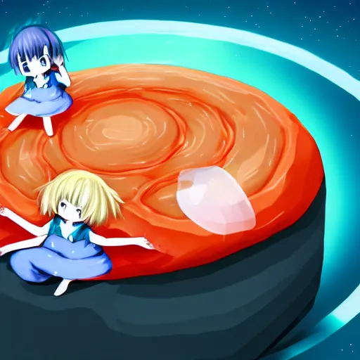 Image similar to cirno sitting on a giant sushi roll, digital art, 4K