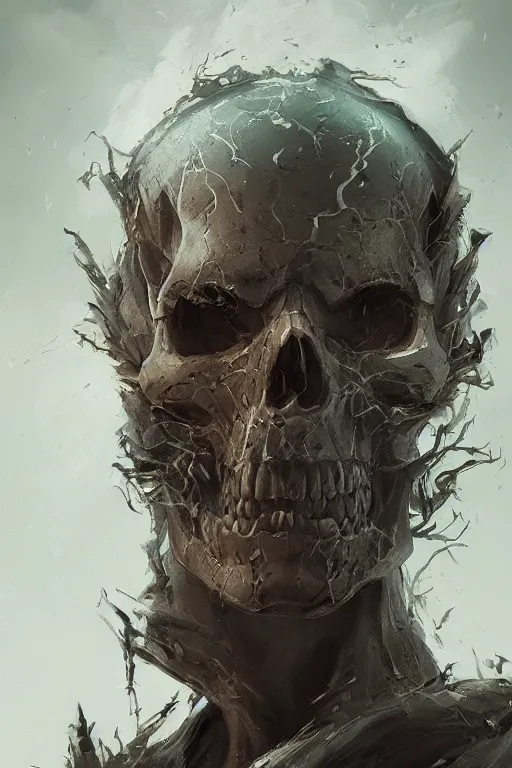 Image similar to concept art skull lord, brushstroke, close - up portrait, powerfull, intricate, elegant, volumetric lighting, scenery, digital painting, highly detailed, artstation, sharp focus, illustration, concept art, ruan jia, steve mccurry