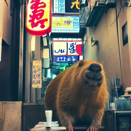 Image similar to capybara drinking bubble tea in cyberpunk seoul