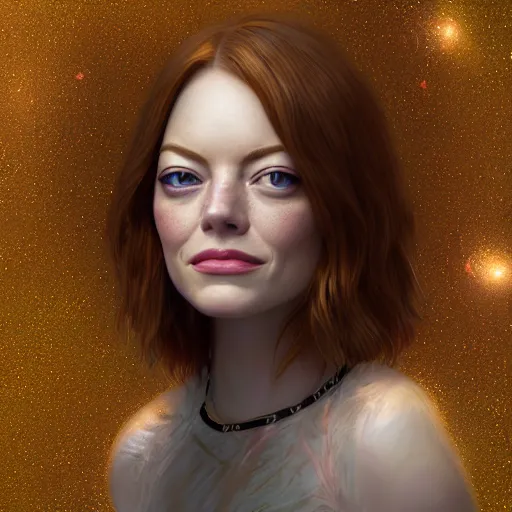 Image similar to cosmic lion portrait of emma stone, hyper detailed, digital art, trending in artstation, cinematic lighting, studio quality, smooth render, unreal engine 5 rendered, octane rendered, art style by klimt and nixeu and ian sprigger and wlop and krenz cushart.