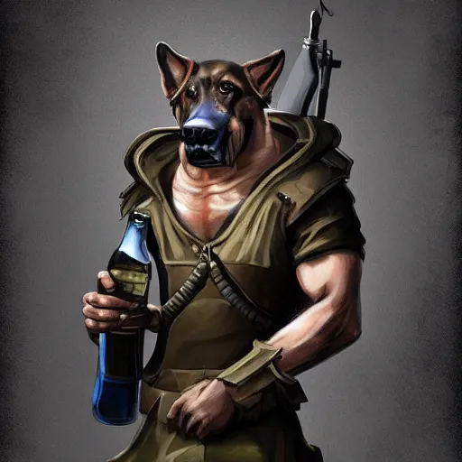 Image similar to a humanoid german shepherd beast - man in military style, holding a bottle of beer, artstation, concept art, smooth, sharp foccus ilustration, artstation