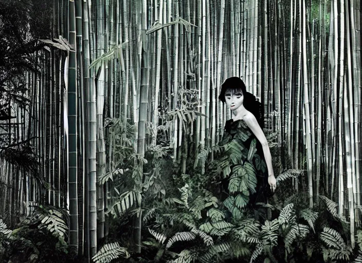 Prompt: a female model with long black hair, emerging from a dense misty forest of fern plants and bamboo wearing camouflage by yohji yamamoto, in the style of daido moriyama, double exposure, camera obscura