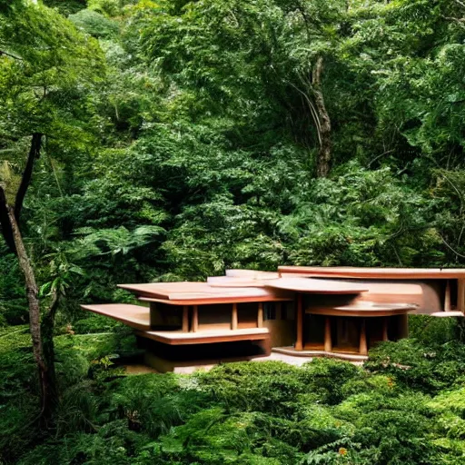 Image similar to a house designed by frank lloyd wright in the middle of the jungle,