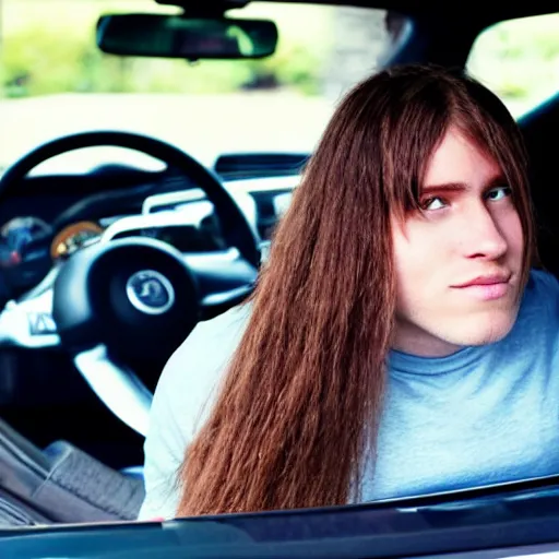 Image similar to a picture of a white boy with long hair inside of a car