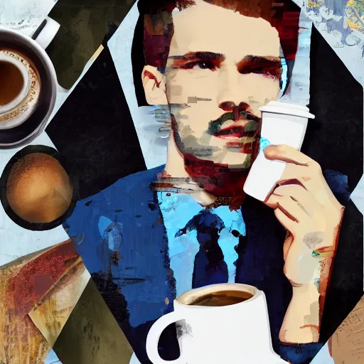 Image similar to collage, sleepy worker man face, fashion model, a cup of coffee, matte, oil painting