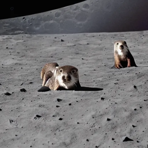 Image similar to otters having a swanky party on the moon