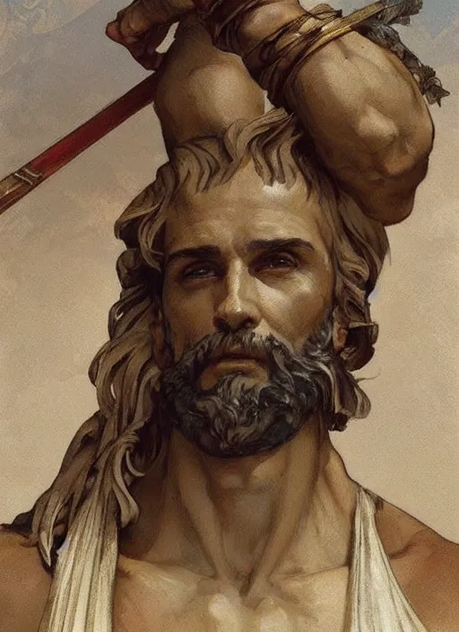 Image similar to ancient greek man, painted by artgerm and greg rutkowski and alphonse mucha. clear highly detailed face, beautiful art