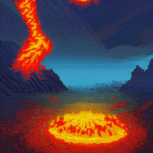 Image similar to lava raining down from sky onto ocean, beautiful detailed pixelart by albertov, intricate details, beautiful, dithered gradients, volumetric lighting, cgsociety, artstation, smooth, sharp focus, 2 d illustration, amazing art by dan mumford, old school computer game graphics, crpg, d & d, pixel art