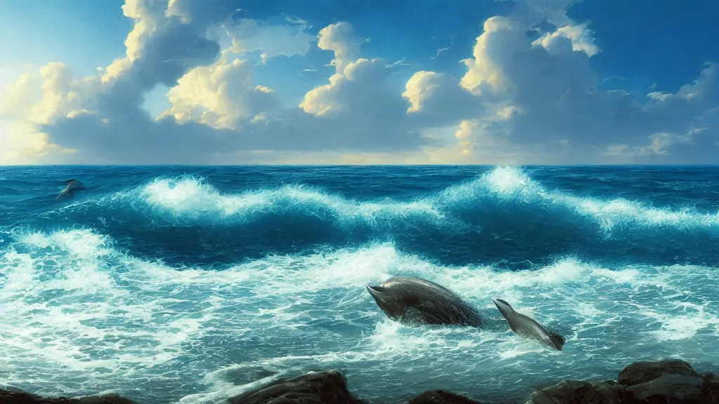 Prompt: first person view of breaking waves on the shore, summer, clear beautiful sky, bright sky, dolphins 🐬 swimming, peaceful, amazing, by andreas rocha and john howe, and Martin Johnson Heade, featured on artstation, featured on behance, golden ratio, ultrawide angle, f32, well composed