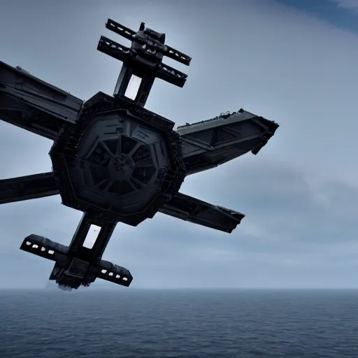 Prompt: a tie fighter coming in for a landing on a usa aircraft carrier. octane 3 d render, cinematic.