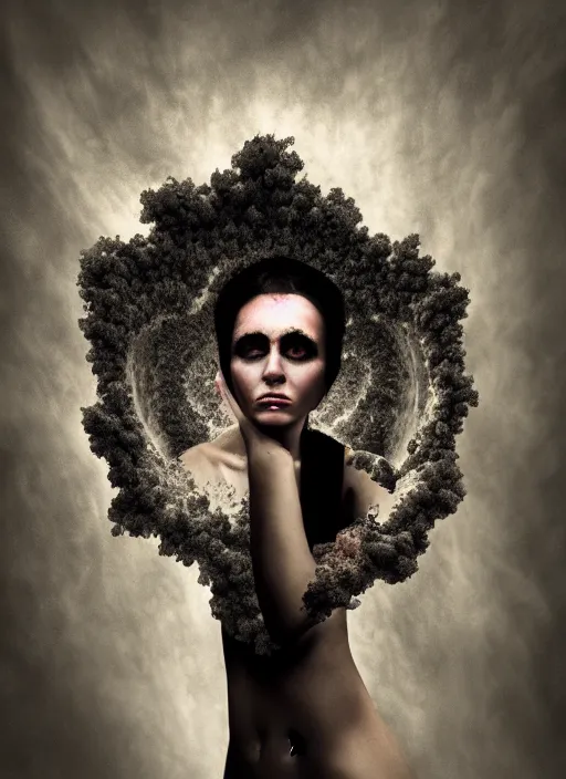 Image similar to dramatic matte portrait painting of woman with black mandelbrot fractal instead of face, horror, body horror, dark art, 4 k, detailed, realistic, psychotic, insane, crazy, mental illness, dramatic,