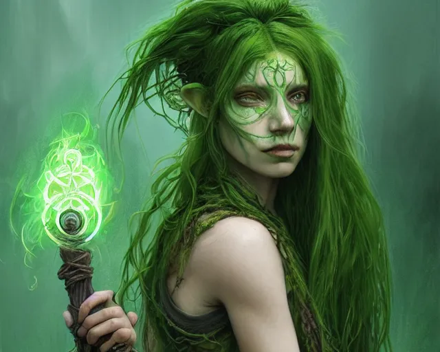 Prompt: portrait of a swamp witch, green colored skin, green hair, holding a caduceus staff, messy hair, deep focus, d & d, fantasy, intricate, elegant, highly detailed, digital painting, artstation, concept art, matte, sharp, illustration, hearthstone, art by artgerm and greg rutkowski and alphonse mucha