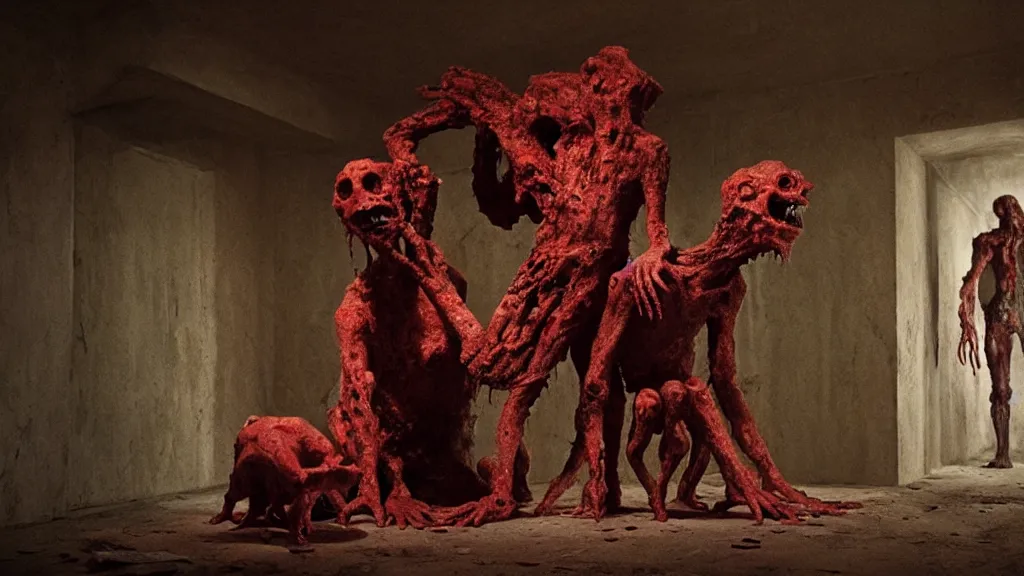 Image similar to the creature in the basement, made of ceramic and blood, surrounded by animals, film still from the movie directed by denis villeneuve and david cronenberg with art direction by salvador dali and zdzisław beksinski, wide lens
