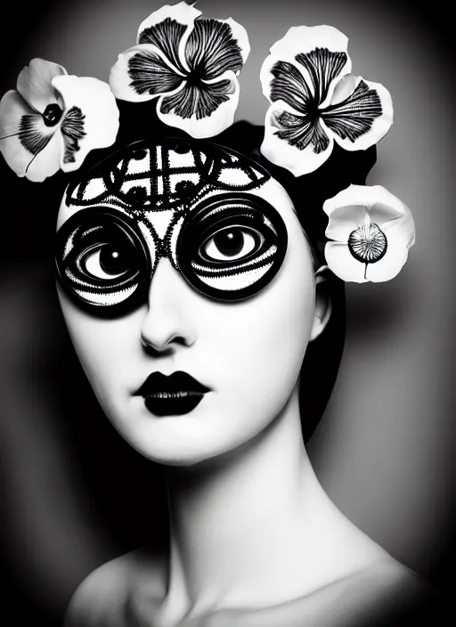 Prompt: black and white macabre masterpiece profile portrait, one steampunk eye silver hexagonal meshes floral biomechanical beautiful young female cyborg, big monocular, volumetric light, hibiscus flowers, by hg giger, rim light, big gothic fashion pearl embroidered collar, 8 k