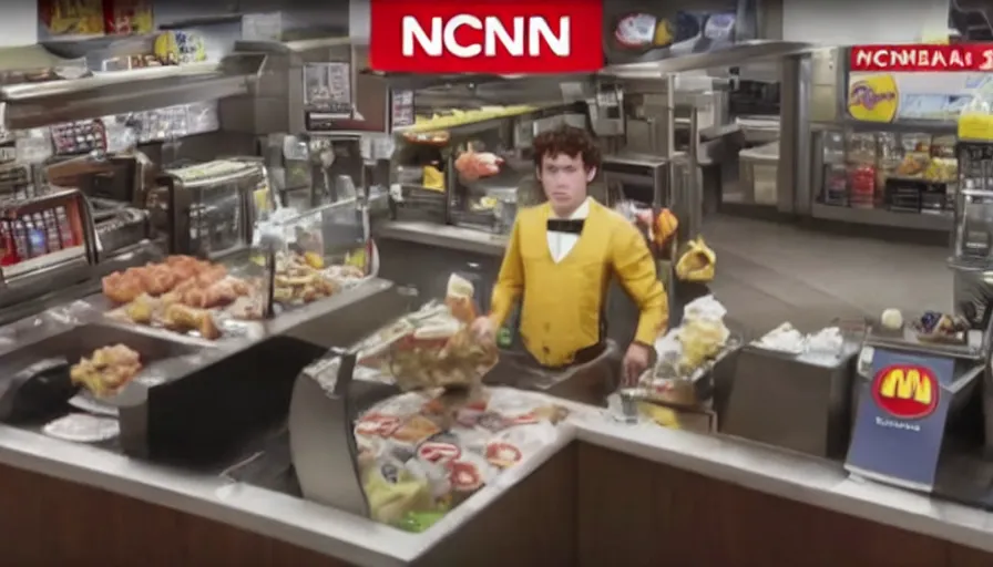 Prompt: film still of frodo working at mcdonalds in the new batman movie, cnn news footage taken from above.