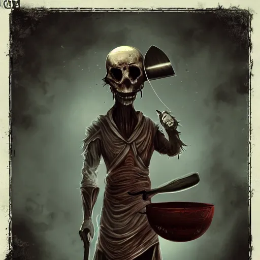 Image similar to a creepy cleaver-headed chef, fantasy art. Dark background, detailed, trending on Artstation