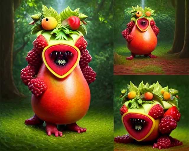 Image similar to a fruit figurine monster made of different fruit, 3 4 5 3 1, walking around in a forest, staring wide open eyes, open mouth, very detailed eyes, trees and flowers, rays of sunlight, oil painting, highly detailed, dramatic lighting, hyperrealistic, 8 k, smooth, intricate, artstation, cgsociety, by artgerm, by wlop