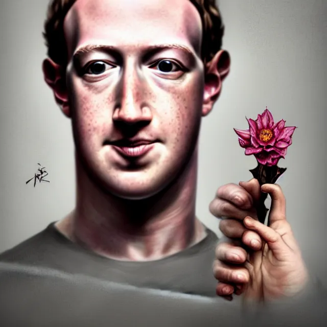 Image similar to mark zuckerberg holding a flower by hr giger, trending on artstation, realistic, detailed, concept art, horror, illustration