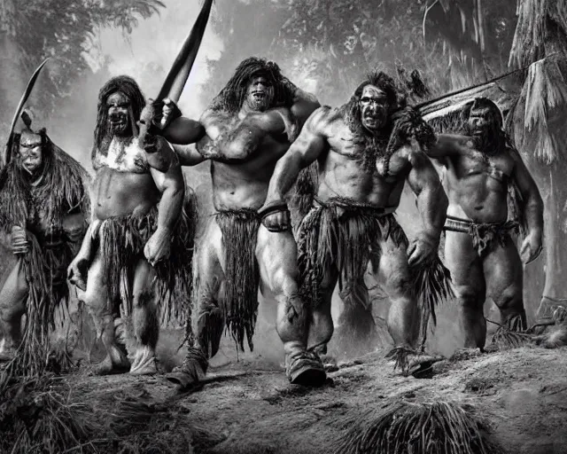 Image similar to hyper realistic group vintage photograph of a live action warcraft orc warrior tribe in the jungle, tall, hulk like physique, detailed faces, tribal paint, tribal armor, grain, old, monochrome, sepia toned, realistic lighting, wide angle