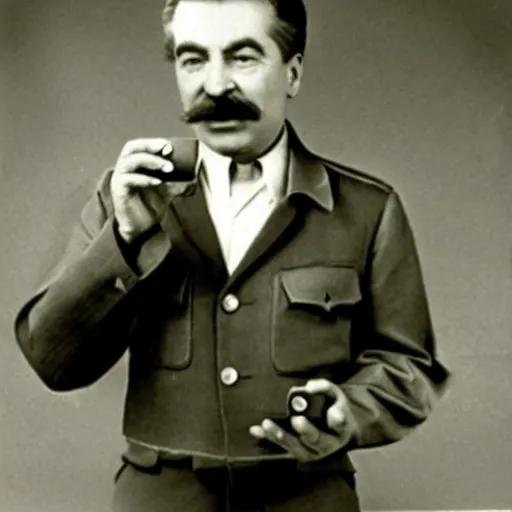 Image similar to Stalin holding an iPhone, studio photography, 1940