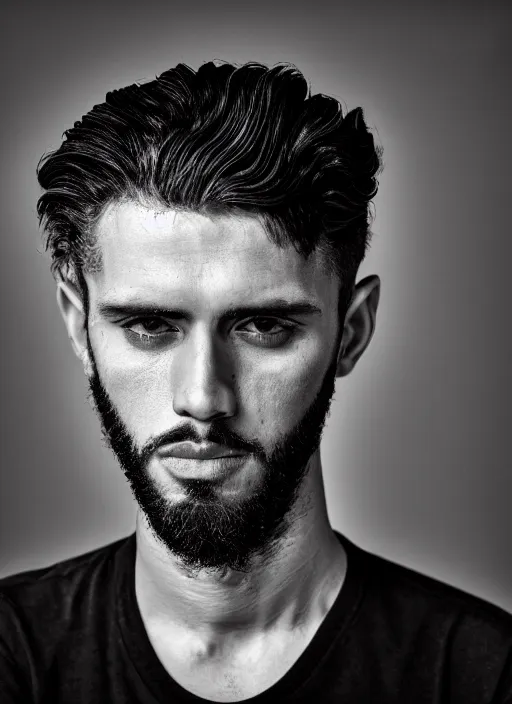 Image similar to black and white head shot, studio photograph of a male symmetrical handsome andrea belluci the painter artist, casual clothes, anxiety and depression, intricate, elegant, highly detailed, hyper realistic, dark background, flickr, smooth, 4 k, 3 0 0 dpi, sharp focus, shot by canon