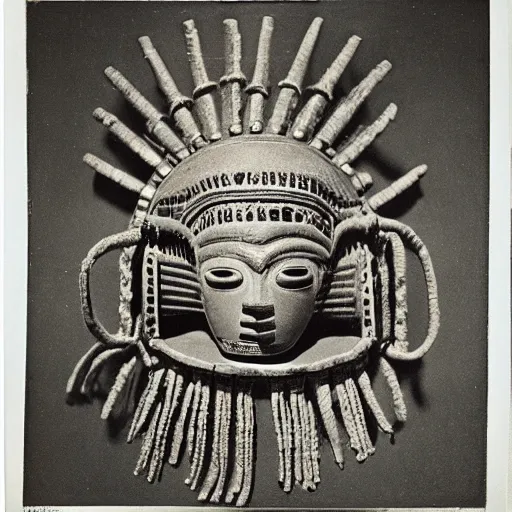 Prompt: photo portrait of precolumbian aztec astronaut helmet with fine detail engravings and runes cultist lord rich baron by Diane Arbus and Louis Daguerre