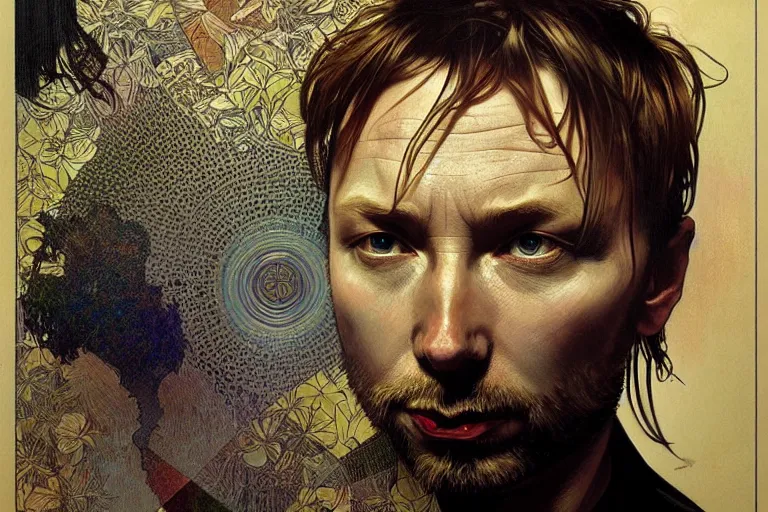 Image similar to hyper realistic portrait of singer songwriter, by lee bermejo, alphonse mucha and greg rutkowski, thom yorke