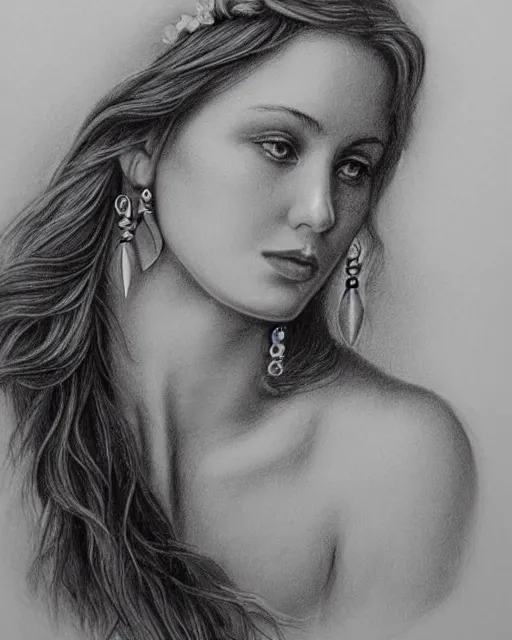 Image similar to pencil drawing of a beautiful greek goddess aphrodite wearing a laurel wreath and arrowhead earrings, beautiful confident eyes, beautiful flowing hair, hyper realistic face, in the style of artgerm, fantasy, amazing detail, epic, elegant, smooth, sharp focus, from the front, long shot