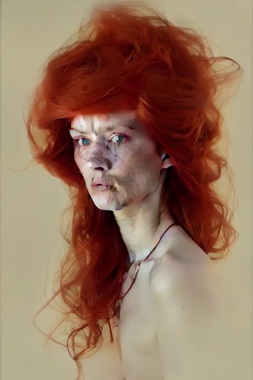 Image similar to of beautiful redhead female, beauty portrait by greg rutkowski, hilma af klint, moebius, victo ngai, sharp focus, global illumination, highly detailed, masterpiece, award winning, post processing