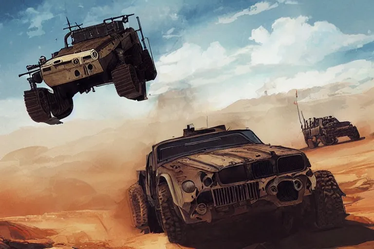 Prompt: dieselpunk digital illustration of mad max's military offroad bmw m 1 ( himars ) by makoto shinkai, ilya kuvshinov, lois van baarle, rossdraws, basquiat