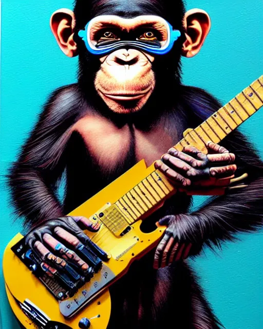 Image similar to a portrait of an anthropomorphic cyberpunk chimp shredding an electric guitar by sandra chevrier, by jon foster, detailed render, tape deck, epic composition, cybernetics, 4 k realistic, cryengine, realistic shaded lighting, sharp focus, masterpiece, by enki bilal