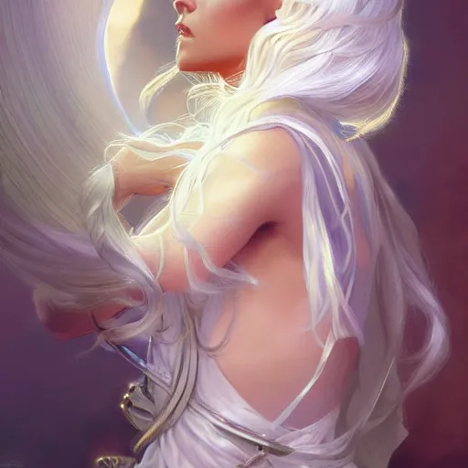 Prompt: god and goddess, white hair, long hair, gorgeous, amazing, elegant, intricate, highly detailed, digital painting, artstation, concept art, sharp focus, illustration, art by artgerm and greg rutkowski and alphonse mucha