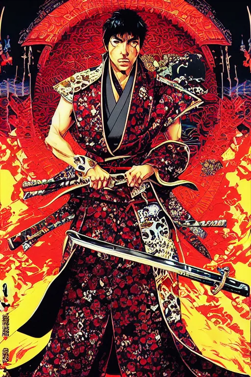 Prompt: poster of tony montana as a samurai, by yoichi hatakenaka, masamune shirow, josan gonzales and dan mumford, ayami kojima, takato yamamoto, barclay shaw, karol bak, yukito kishiro