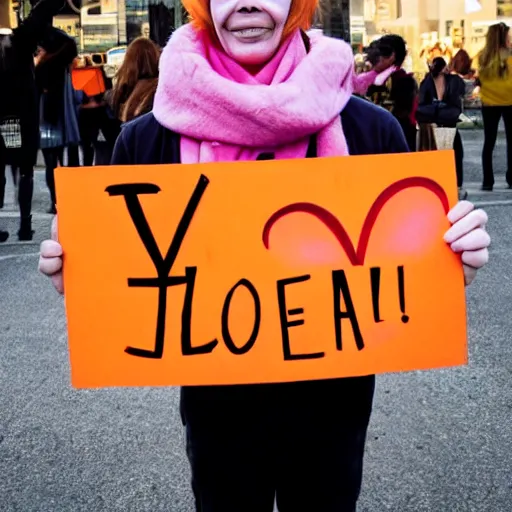 Image similar to orange tabby cat holds sign that says