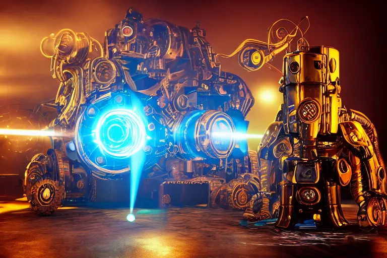 Prompt: portrait photo of a giant huge golden and blue metal steampunk robot, robot handles a fog machine, fog coming out of the machine, with gears and tubes, eyes are glowing red lightbulbs, shiny crisp finish, 3 d render, 8 k, insaneley detailed, fluorescent colors, background is multicolored lasershow