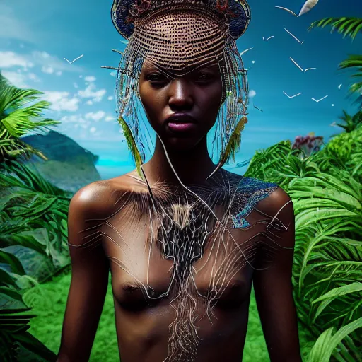 Image similar to lost in paradise hyperdetailed illustration by irakli nadar, adut akech, matt wisniewski style, intricate linework, dark black skin, box jellyfish headdress, unreal engine 5 highly rendered,