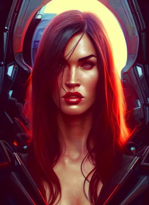 Prompt: portrait of megan fox as v, cyberpunk, technology, science fiction, cd project red, intrigante, headshot, highly detailed, digital painting, artstation, concept art, sharp focus, cinematic lighting, illustration, art by artgerm and greg rutkowski, alphonse mucha, cgsociety