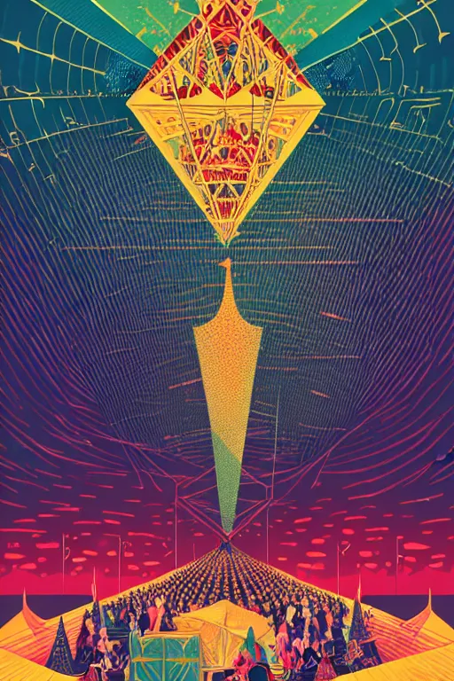 Prompt: giant concert festival truss with professional loud speakers, wall of sound, music recording studio, poster art by victo ngai, ori toor, kilian eng behance contest winner, crystal cubism, poster art, cubism, tarot card, psychedelic art, concert poster, poster art, maximalist