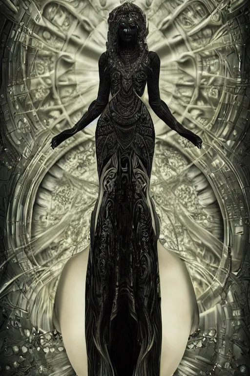 Image similar to a realistic dark photo of a beautiful ancient alien woman goddess kate moss nataraja standing in iris van herpen dress jewelery and fractals in style of alphonse mucha art nuvo dmt trending on artstation made in unreal engine 4