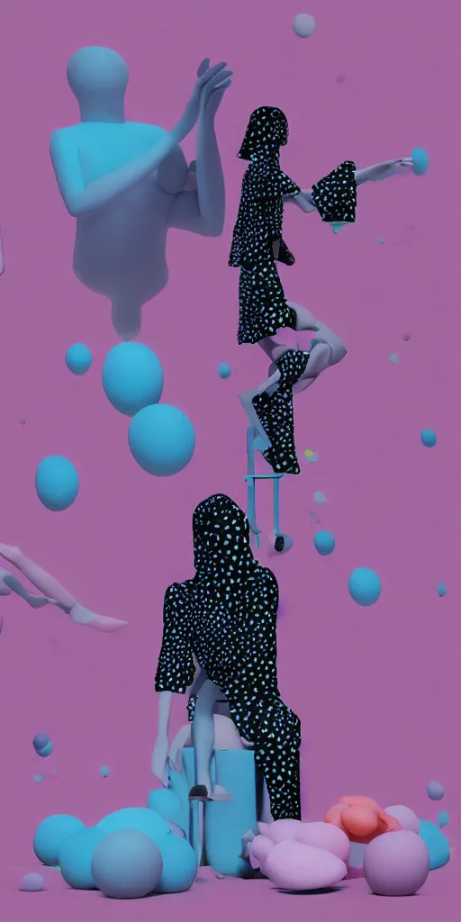 Image similar to 3d matte render, mannequins, dj rave party, Hsiao-Ron Cheng, balloons, pastel colors, hyper-realism, pastel, polkadots, minimal, simplistic, amazing composition, vaporwave, wow, Gertrude Abercrombie, Beeple, minimalistic graffiti masterpiece, minimalism, 3d abstract render overlayed, black background, psychedelic therapy, trending on ArtStation, ink splatters, pen lines, incredible detail, creative, positive energy, happy, unique, negative space, pure imagination painted by artgerm